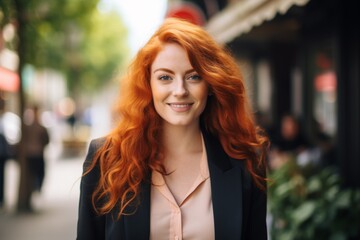 Fototapeta premium Smiling portrait of a ginger casual businesswoman in the city