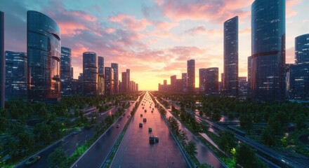 Fototapeta premium Futuristic Urban Landscape with Highways and Green Parks.