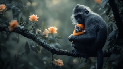 Obraz premium A mother monkey gently cradles her baby amidst lush foliage and blossoms.