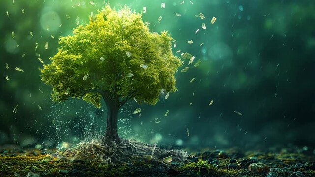 A tree grows amidst a surreal scene where money bills fall like leaves, creating a symbolic image of wealth and prosperity, blending nature with financial abundance.