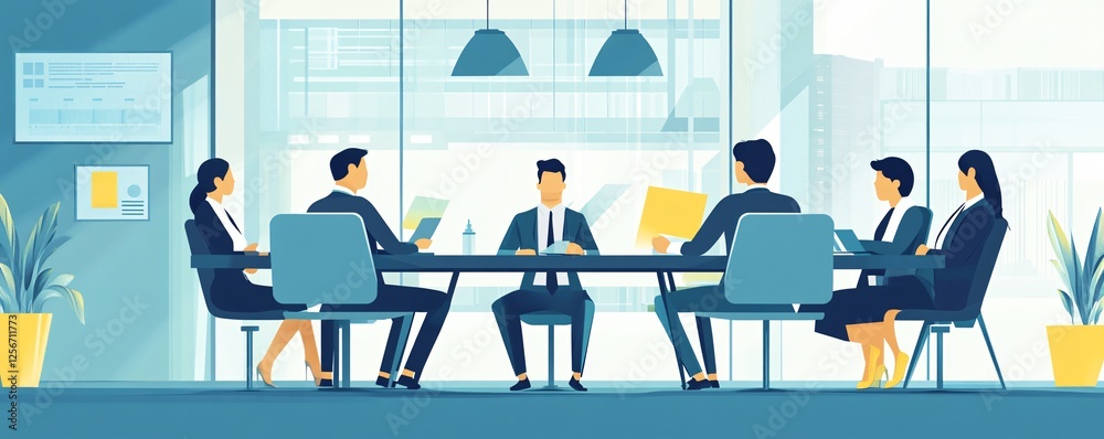 Aufkleber Business team meeting at a table, discussing a project, and collaborating on ideas for a successful business strategy while holding documents
