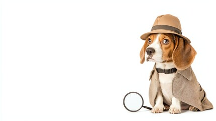 A playful beagle dog wearing a detective hat and coat, holding a magnifying glass, posing for a whimsical and fun portrait with a white isolated background.
