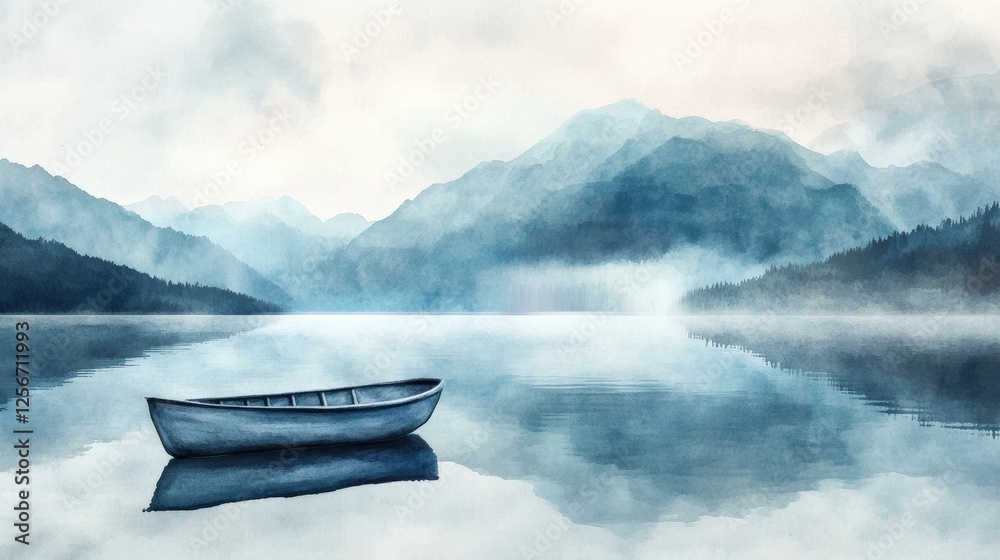 Poster serene watercolor illustration of a rowboat on a calm mountain lake with a blank sky for text. gener