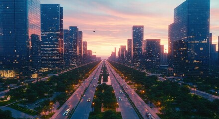 Fototapeta premium Futuristic Urban Landscape with Highways and Green Parks.