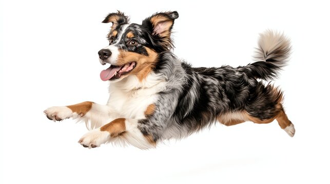 A playful dog leaps joyfully in the air, showcasing its energy and enthusiasm. Ideal for pet lovers and animal enthusiasts.