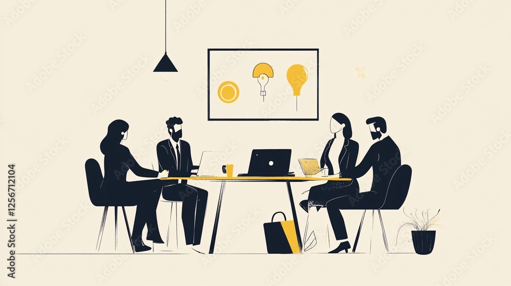 Poster business professionals using laptops and engaging in a meeting around a boardroom table