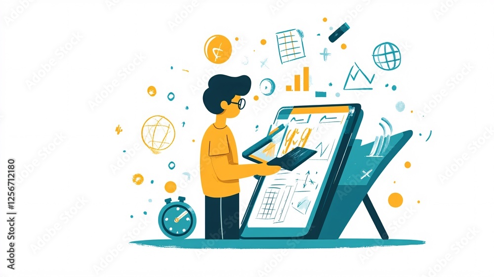 Poster businessman is using a tablet and analyzing financial data for a global investment strategy