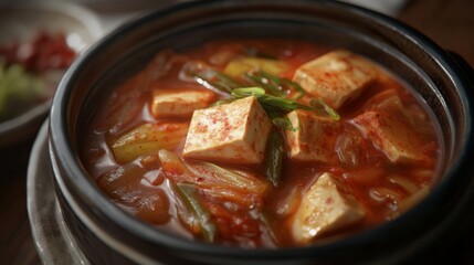 Traditional Korean kimchi stew with tofu and vegetables. Featuring a spicy and savory dish. Highlighting the texture and flavors of the kimchi stew. Ideal for food and cultural themes.