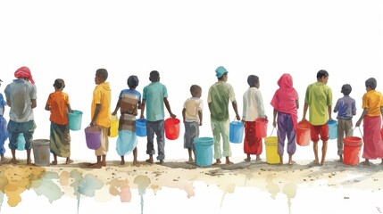 Fototapeta premium A vibrant watercolor depiction of diverse individuals standing in line holding colorful buckets, symbolizing community and resource sharing. AI generated.