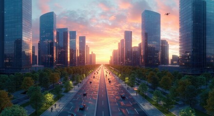 Fototapeta premium Futuristic Urban Landscape with Highways and Green Parks.