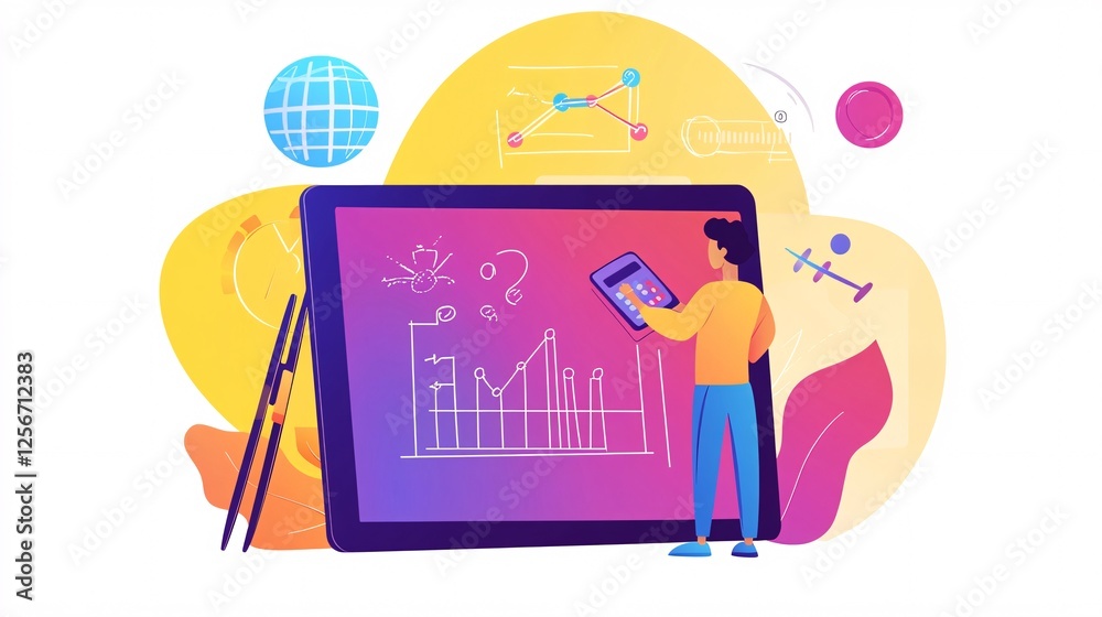 Poster businessman uses a calculator to analyze financial data on a large digital tablet
