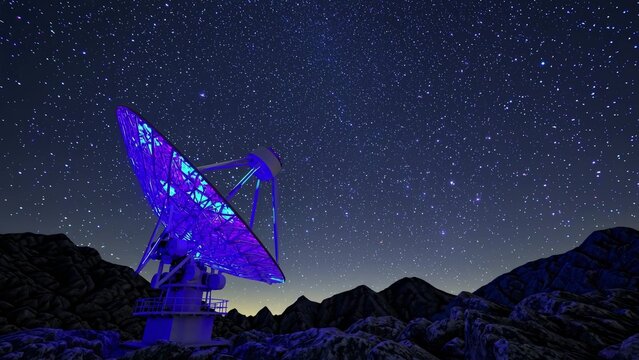 Glowing parabolic antenna exploring the night sky full of stars, searching for signals from distant galaxies, a breathtaking view of space exploration and technological advancement