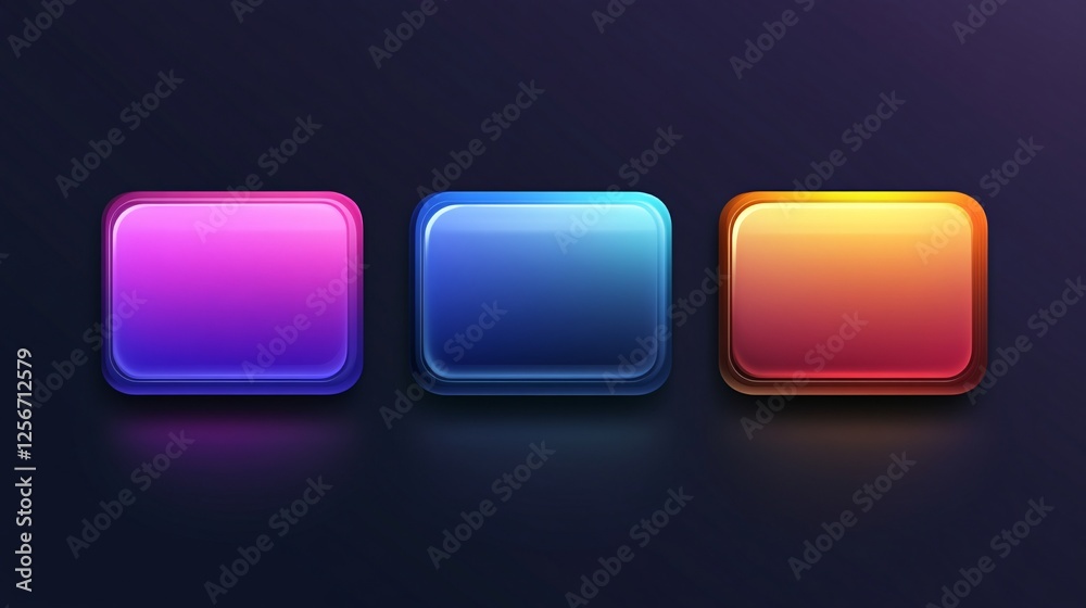 Poster Three glossy buttons with neon light effect are displayed on a dark background