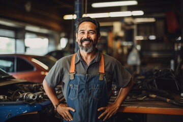 Fototapeta premium Smiling portrait of a middle aged Mexican car mechanic