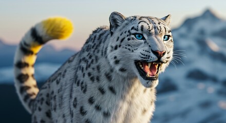 Fototapeta premium Majestic snow leopard roaring in its natural mountain habitat