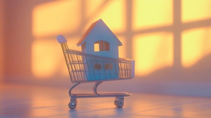 Miniature home in a shopping cart symbolizes modern consumerism and simplicity