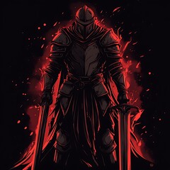 Warrior knight stands holding two swords, glowing red on a dark background, concept art illustration