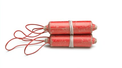 Two red vintage dynamite sticks connected with fuse on a white isolated background, representing explosives and safety concerns.