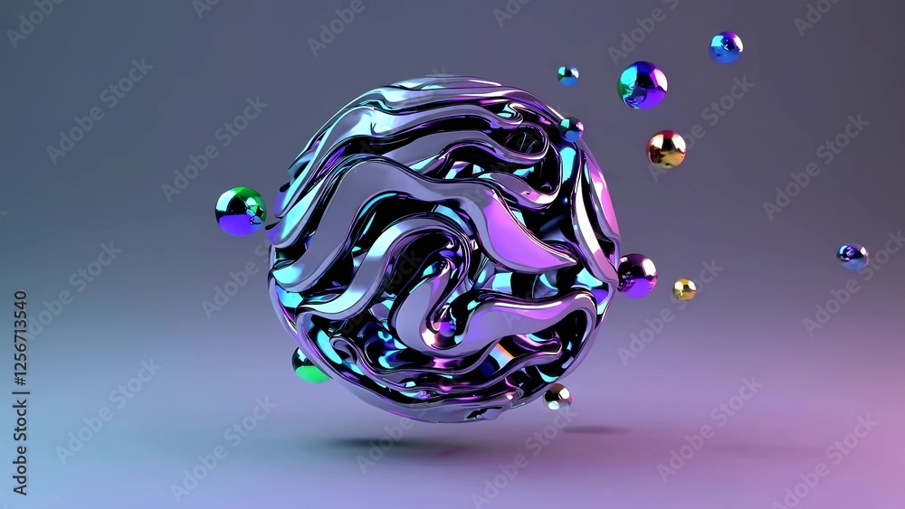 Poster mesmerizing metallic abstract sphere with intricate swirling patterns surrounded by colorful bubbles