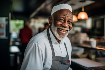 Fototapeta premium Smiling portrait of a senior male chef in commercial kitchen
