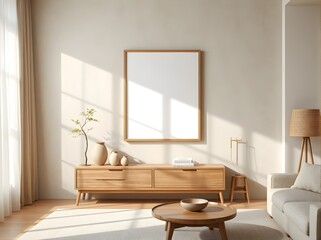 empty frame mockup in japandi living room, neutral beige tones, wooden textures, linen upholstery, cozy minimalist decor, warm sunlight, wabi-sabi inspired