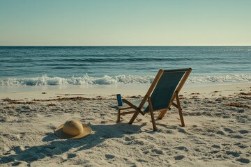 Relaxing beach scene with deck chair, hat, and phone.