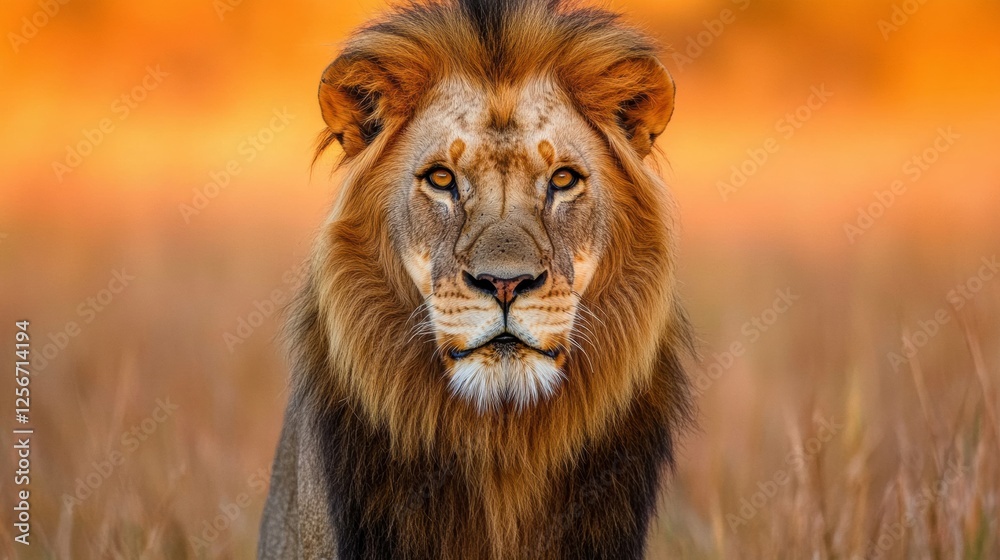 Poster regal lion with a glowing golden mane illuminated by sunset light for a captivating portrait. genera