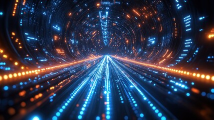 Obraz premium Futuristic tunnel with glowing blue and orange lights, creating a sense of speed and motion