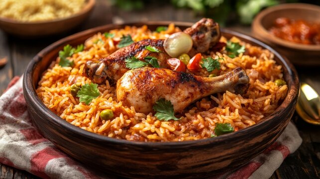 Traditional Mexican arroz con pollo with rice and chicken. Featuring a hearty and flavorful dish. Highlighting the texture and spices of the arroz con pollo. Ideal for food and cultural themes.