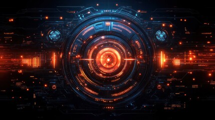 Obraz premium Futuristic digital interface with glowing orange center, intricate circuitry, and abstract patterns