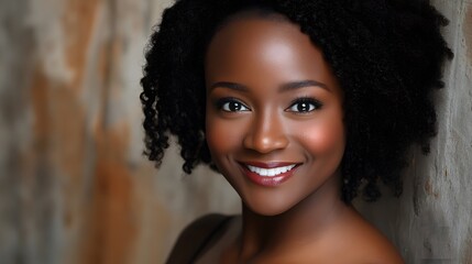 A joyful African American woman radiates happiness, embodying warmth and positivity