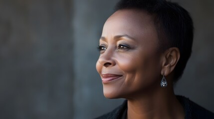 A joyful African American woman radiates happiness, embodying warmth and positivity