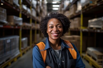 Naklejka premium Portrait of a middle aged joyful African American female warehouse worker