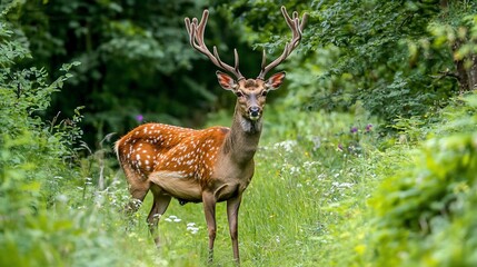 Majestic sika deer with antlers stands in lush green forest clearing.
