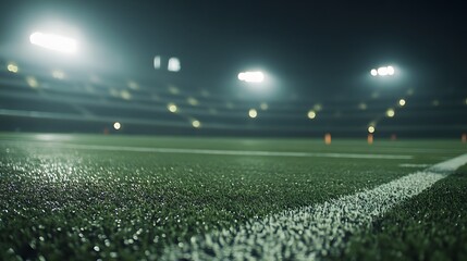 Nighttime football field under bright lights, showcasing the game's energy and focus