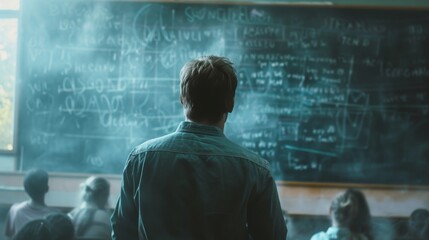 A teacher stands before a chalkboard filled with notes, engaging a classroom of attentive students. The scene embodies education, focus, and knowledge transfer. AI generated.