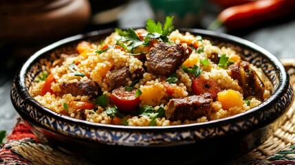Fototapeta premium Traditional Moroccan couscous with lamb and vegetables. Featuring a hearty and spiced dish. Highlighting the texture and flavors of the couscous. Ideal for food and cultural themes.
