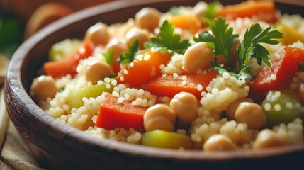 Traditional Moroccan couscous with vegetables and chickpeas. Featuring a flavorful and nutritious dish. Highlighting the texture and ingredients of the couscous. Ideal for food and cultural themes.