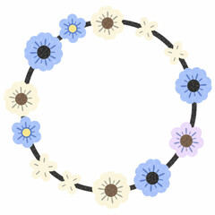 Cartoon, Hand drawing Twinkling Flower Wreath Black Circle, Yellow and Blue Navy Flower. Isolated Background