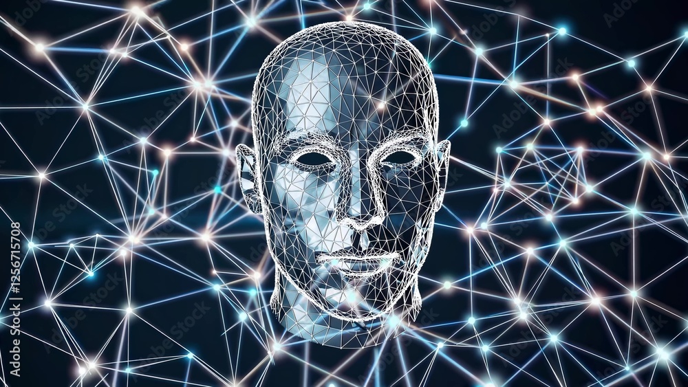 Poster wireframe head representing artificial intelligence processing data through a complex network of int