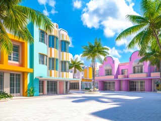 Fototapeta premium Vibrant Art Deco architecture shines in a sunny tropical destination, inviting travelers to explore colorful buildings and lush palm trees.