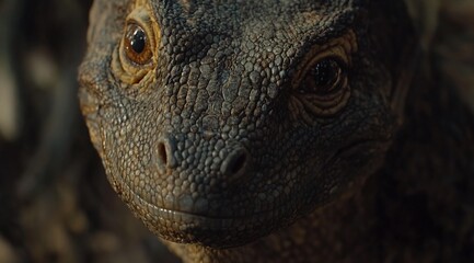 Fototapeta premium Close-up of a monitor lizard's face, showing its textured skin, expressive eyes, and slightly open mouth.