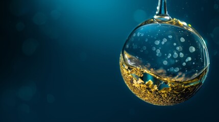 A spherical droplet filled with shimmering golden particles, representing scientific research, innovation, or abstract concepts against a rich blue background. AI generated.