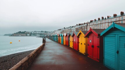 Fototapeta premium Colorful Beach Huts Along Serene Coastal Path in Overcast Weather