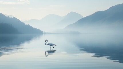 Serene flamingo wading in misty lake, mountains backdrop.