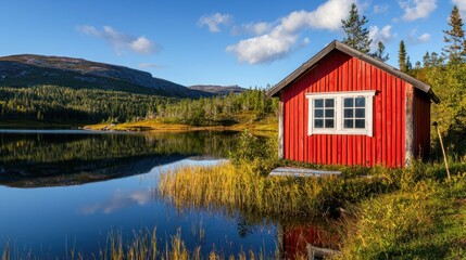 Obraz premium Quaint Red Cabin by Tranquil Lake Surrounded by Lush Nature