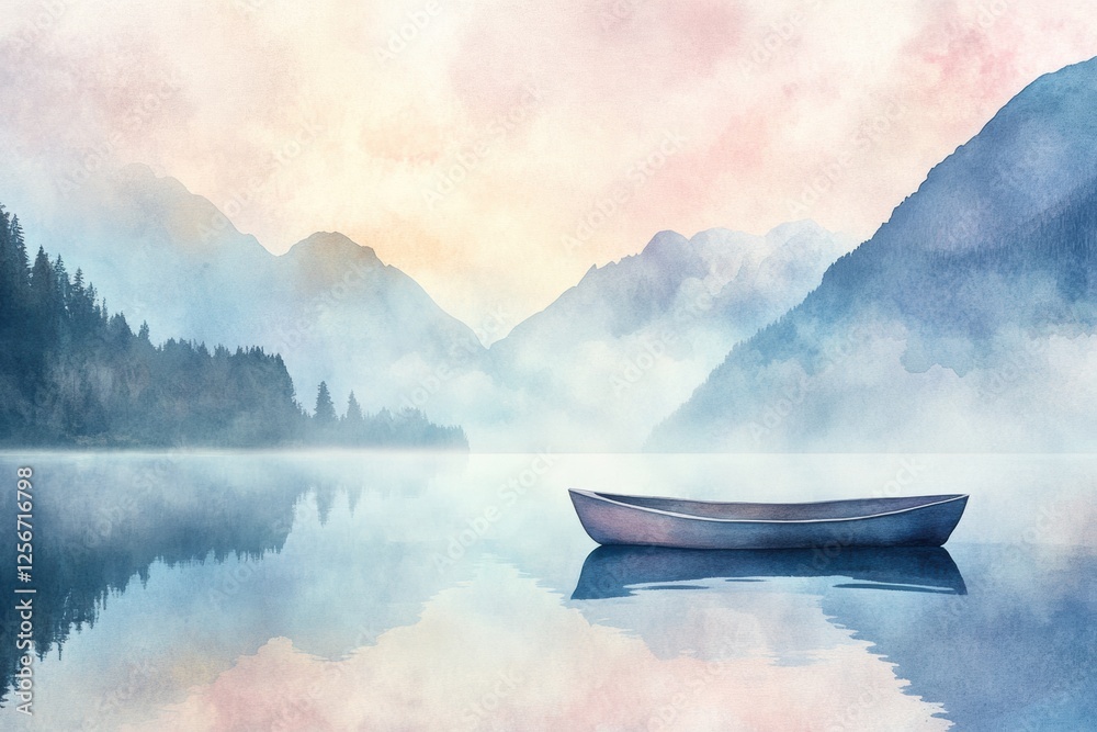 Fototapete serene watercolor illustration of a single rowboat on a calm mountain lake with a tranquil sky for t