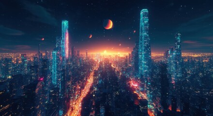 Fototapeta premium Futuristic Metropolis with Neon Lights in the Future.