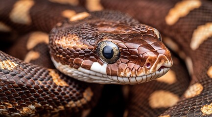 Obraz premium Close-up of a brown snake's head, showing intricate scales and dark eyes.
