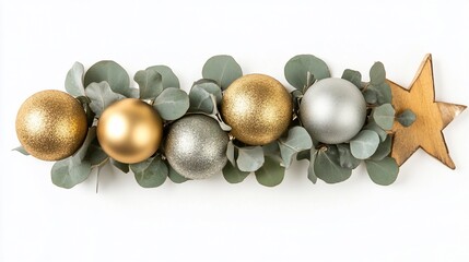 Festive Christmas arrangement of gold, silver baubles, eucalyptus leaves & wooden star on white.